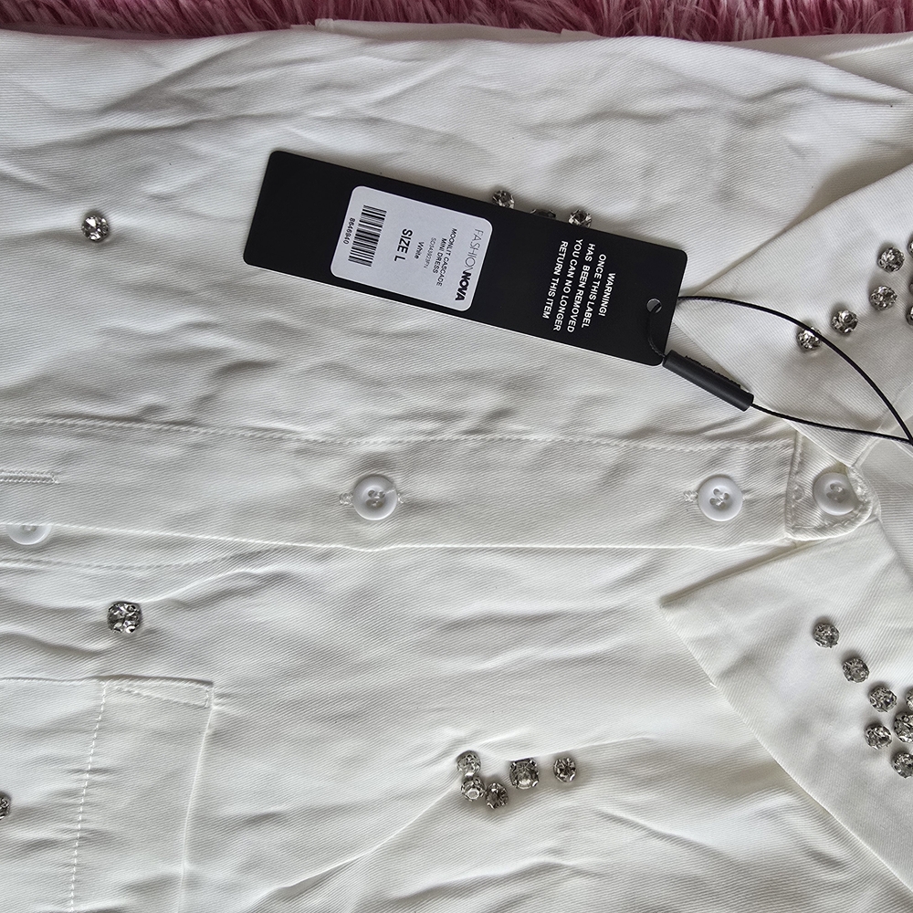 Fashion Nova White Long Sleeve Dress with Rhinestone Accents